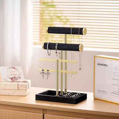 Bracelet Holder Jewelry Organizer Display - 3 Tier T Bar Velvet Stand, Black Jewelry Storage for Bracelet, Necklaces, Earrings, Rings, Watches - color: Black