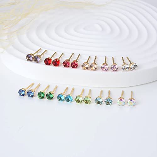 12 Pairs 18K Gold Plated Surgical Stainless Steel Stud Earring Cubic Zirconia CZ Multicolor Birthstone Stud Earrings Set - style: Prong 5mm