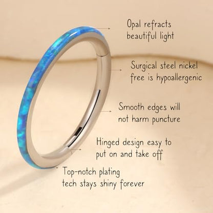 AROWRO Nose Rings Hoops with Opal Hinged Nose Rings for Women Surgical Steel Septum Rings 16G 18G 20G Conch Helix Daith Piercing Jewelry Diameter 6mm-12mm - color: Silver&Blue Opal, size: 16G(1.2mm)-8mm
