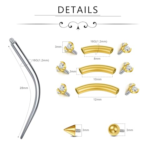 D.Bella 16G Eyebrow Piercing Jewelry Daith Rook Earrings Stianless Steel Internal Thread Curved Barbell Vertical Labret Lip Belly Ring Snug Tragus Piercing 8mm/10mm/12mm - color: gold