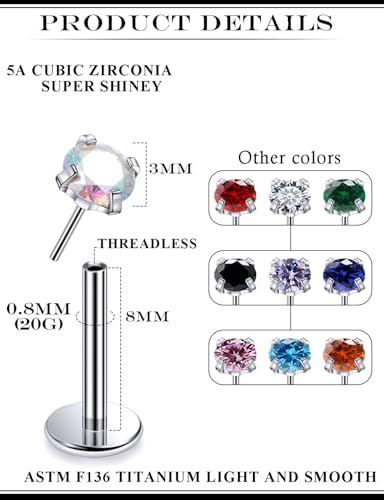20G 18G 16G Astm F136 Titanium Threadless Flat Back Earrings Nose Studs Tragus Helix Conch Cartilage Lobe Earrings Medusa Labret Snake Bite Monroe Lip Ring Piercing Jewelry For Women Men - size: 20G-8MM Bar-CZ 3MM
