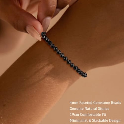 Natural Faceted Crystal Bracelet for Women,4mm Gemstone Round Beads Bracelets Adjustable Stretchy Healing Crystal Beads Bracelets Dainty Jewelry Gift - color: Black Obsidian