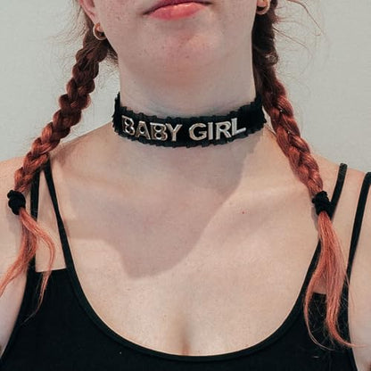 Women's Black Velvet Lace Letter Choker Collar for Halloween, 15-inch | Made of Velvet Lace Ribbon and Silver Letter Charms, Lobster-claw Closure, Daily Gothic Style, Avoid Water & Perfume - color: BABY