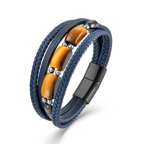 Mens Tiger Eye Leather Bracelet, Natural Tiger Eye Stone Multi-Layer Braided Cuff Bracelets for Men, Stainless Steel with Buckle Memorial Bangle Gifts for Him - color: Blue