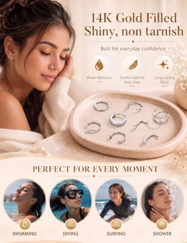 Besteel Nose Rings for Women 14K Gold Filled Hypoallergenic Nose Stud Hoops | 20G 316L Surgical Stainless Steel Double Nose Ring Cute Round CZ Heart L Shaped Nose Stud Dainty Nostril Piercing Jewelry - color: steel color