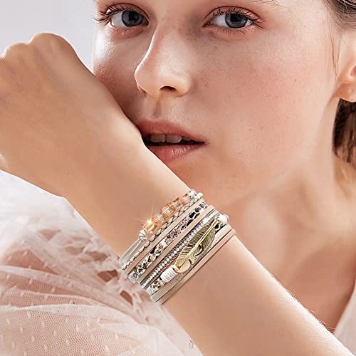 Wowanoo 3Pack Leather Cuff Bracelet Set Multilayer Wrap Bracelet Crystal Feather Tree Bracelet Magnetic Clasp Bracelet for Women - color: CrystalLeopard
