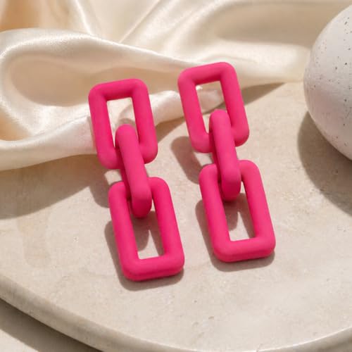 Chunky Chain Earrings for Women, Hot Pink Geometric Link Drop Earrings Statement Acrylic Dangle Jewelry Trendy Fashion for Party Daily Wear
