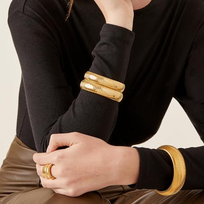 Gold Chunky Stretch Snake Chain Bangle Bracelets Stack for Women Trendy, 18K Gold Filled Stainless Steel Stretchy Womens Stackable Wristband Bangles Bracelet Set - style: GOLD 16MM&20MM