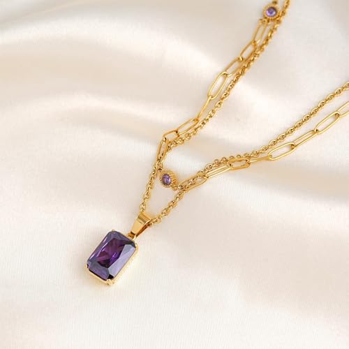 Birthstone Layered Pendant Paperclip Necklace 18k Gold Plated Heart Choker Chain Necklace Emerald Cut Jewelry Birthday Gift for Women - color: Emerald-Cut Amethyst