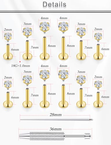 18G 16G 14G Lip Labret Medusa Nose Rings Studs Flat Back Earrings Internally Threaded 316L Surgical Steel Cartilage Tragus Helix Conch Earrings Piercing Jewelry for Women Men 6mm 8mm 10mm - color: 18G - Gold-6/7/8mm Bars-Grabber Tool