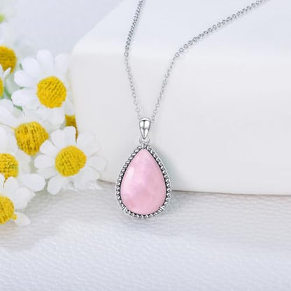 VONALA Sterling Silver Necklace Moss Agate/Turquoise/Larimar/Aquamarine/Opal/Black Onyx/Rose Quartz/Moonstone Pendant Teardrop Necklace Jewelry Gift for Women - style: Rose Quartz