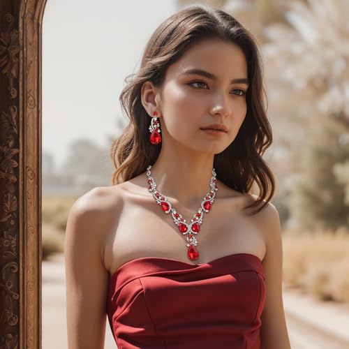 Women's Wedding Bridal Crystal Multi Teardrop Cluster Statement Necklace Dangle Earrings Set - color: 03-Ruby Color Silver-Tone