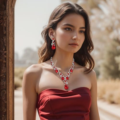 Women's Wedding Bridal Crystal Multi Teardrop Cluster Statement Necklace Dangle Earrings Set - color: 03-Ruby Color Silver-Tone