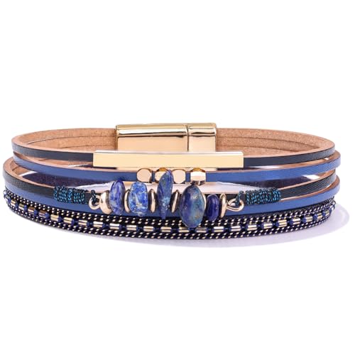 Boho Gemstone Beaded Leather Wrap Bracelets Stackable Chunky Cuff Bracelet Western Jewelry Cowboy Chic Country Concert Outfits for Women - color: Navy Blue