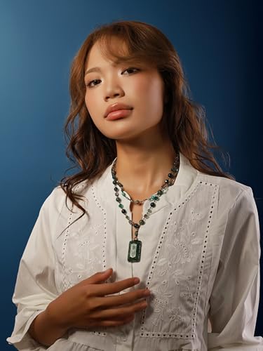MINACHI Boho Layered Necklace with Green Aventurine-Toned Pendant, Handmade Beaded Chain Jewelry, Vintage Hippie Necklace for Women