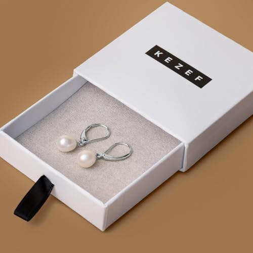 KEZEF Freshwater Cultured Pearl Drop Earrings, 14k White Gold Plated Sterling Silver, 7-8mm Dangle Earrings, Leverback, Hypoallergenic for Women, White Pearl Earrings - style: 14k White Gold