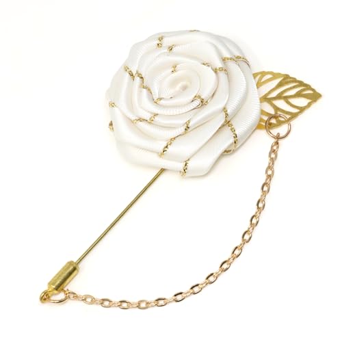 "yueton 1 Pack Men White Rose Flower Gold Leaf Brooch Men Suits Lapel Pin Bridegroom Floral Pins Simple White Flower Brooch for Wedding, Party"