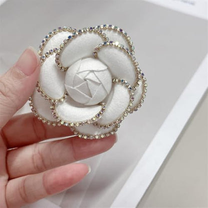 Dainty Crystal Camellia Flower Brooch Pin for Women Rhinestone Fabric 3D Floral Blossom Brooches Lapel Hair Pins Elegant Wedding Anniversary Dress Accessories Jewelry Gift 6.5cm/2.5in - color: White