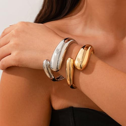 Gold Bangle Bracelets for Women Chunky Cuff Bracelet 18K Gold Plated Open Teardrop Bangle Set Wide Wire Irregular Minimalist Silver Jewelry