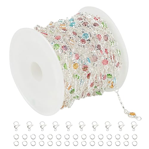 UMAOKANG 16.4 Feet Colorful Crystal Necklace Chain for Jewelry Making Silver Plated Brass Bar Chain Roll with Jump Rings and Lobster Clasps - color: Silver Bar Crystal