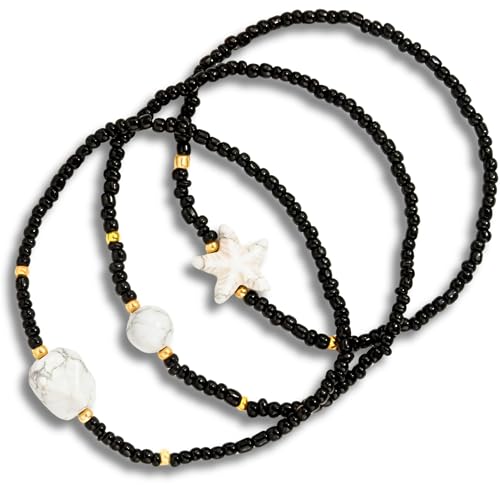 Boho Shell Anklets for Women, 3-Pack Layered Waterproof Ankle Bracelet, Seashell & Starfish Bead Foot Jewelry for Summer Beach Outfits - color: Shell Black