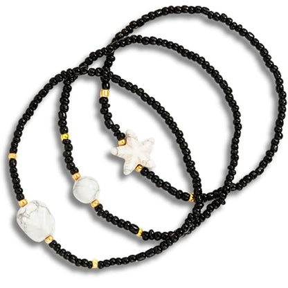 Boho Shell Anklets for Women, 3-Pack Layered Waterproof Ankle Bracelet, Seashell & Starfish Bead Foot Jewelry for Summer Beach Outfits - color: Shell Black