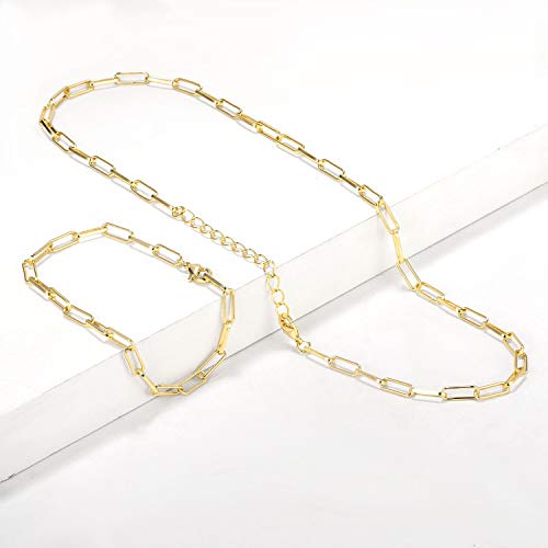 14K Gold Plated Dainty Paperclip Link Chain Necklace Bracelet Set for Women