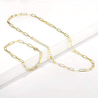 14K Gold Plated Dainty Paperclip Link Chain Necklace Bracelet Set for Women