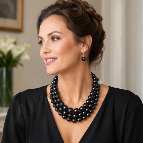 Simulated Pearl Necklace & Earring Set, Multi Strand - color: Black