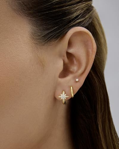 PAVOI 14K Gold Plated 925 Sterling Silver Posts Small Huggie Hoop Earrings for Women - Trendy Celestial North Star, Butterfly, Heart Hoop Earrings - Cubic Zirconia Cute Gold Motif Jewelry - Valentines Day Trendy Jewelry - style: North Star