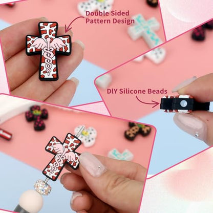 12pcs Cross Silicone Focal Beads for Pens | Focal Beads for Keychain Making,Pens,Bracelet,Necklace Crafts,Bulk Silicone Beads for DIY（Cross） - color: Cross