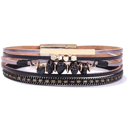 Boho Gemstone Beaded Leather Wrap Bracelets Stackable Chunky Cuff Bracelet Western Jewelry Cowboy Chic Country Concert Outfits for Women - color: Black