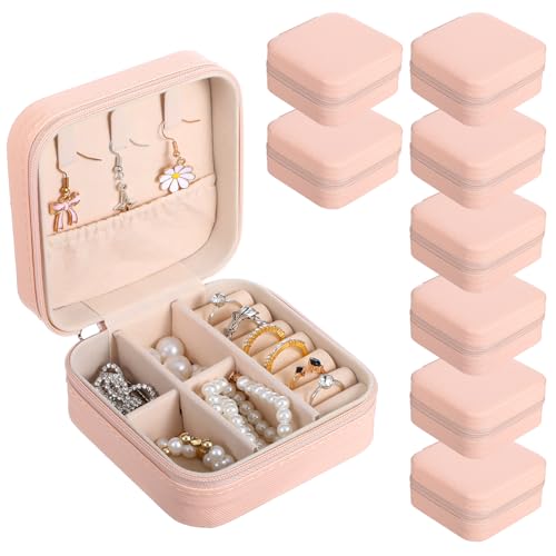 8 Pack Travel Jewelry Case Small Travel Jewelry Box Bridesmaid Gifts Jewelrys Box, PU Leather Small Jewelrys Case Organizer Storage for Rings Earrings Necklaces, Beauty Gifts for Women Girls (Pink) - color: Pink