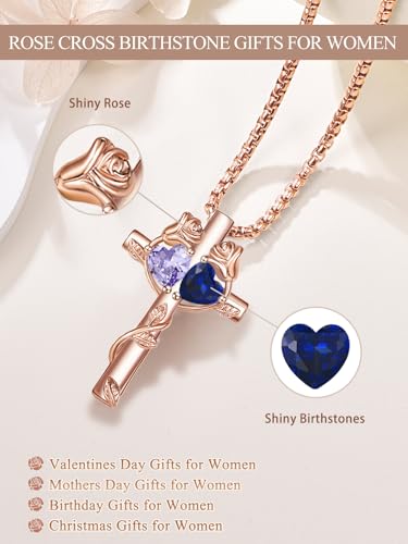 Rose Gold Cross Necklace with 2 Birthstones and Rose | Cross with Birthstone Necklace, Hypoallergenic, Adjustable Rolo Chain, Birthday Gifts, Catholic Christian Religious Jewelry - color: 06-09-Jun-Sept Birthstone
