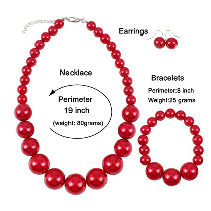COLORFUL BLING Chunky Multicolor Simulated Pearl Choker Necklace Drop Dangle Earrings Bracelet Set Crystal Bib Big Large Round Beaded Strand for Women Brides Costume Statement 1920s Wedding Jewelry - color: Red1