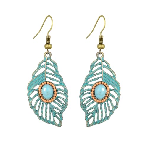 Boho Turquoise Dangle Earrings For Women Trendy,Western Blue Gemstone Drop Earings,Vintage Gothic Ethnic Statement Beach Vacation Long Birthstone Earrings with Leaf Teardrop Turquoise Crystal Tassels,Fashion Jewelry Birthday Gift. - style: A3 Feather Turq