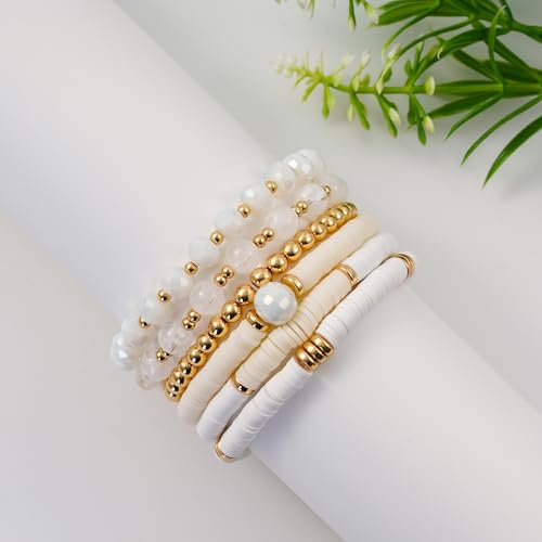 Boho Beaded Stretch Bracelets For Women Stackable Crystal Gold Plated Beaded Bracelets Set Trendy Handmade Friendship Braeclet Jewelry Gifts - color: F-XWhite 6pcs
