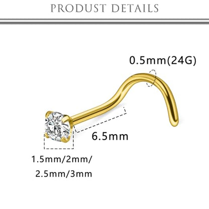 Hoeudjo Hypoallergenic Nose Rings Studs 24G Surgical Stainless Steel Cubic Zirconia Nose Studs for Women Men Screw & Bone & L Shaped Nostril Piercing Jewelry with 1.5mm 2mm 2.5mm 3mm CZ - color: goldtone,screw nose studs