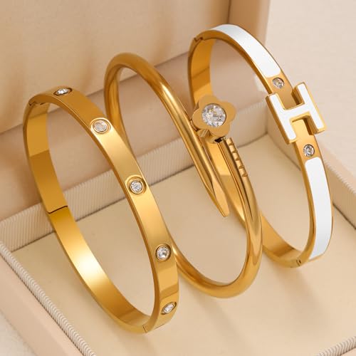 3Pcs Gold Bracelets for Women 14K Gold Plated Love/H/Nail Bangle Bracelet Dainty Non Tarnish Bracelet Jewelry Christmas Mothers Day Gifts for Women - color: 3Pcs Gold/White H bracelet