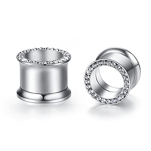 WBRWP 2pcs Hollow Gold Stainless Steel with Zircon Ear Plugs Tunnels - Ear Expander - Ear Gauges Stretcher Body Piercing Jewelry 8g-5/8 - color: Silver color with CZ