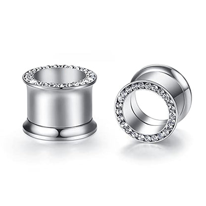 WBRWP 2pcs Hollow Gold Stainless Steel with Zircon Ear Plugs Tunnels - Ear Expander - Ear Gauges Stretcher Body Piercing Jewelry 8g-5/8 - color: Silver color with CZ