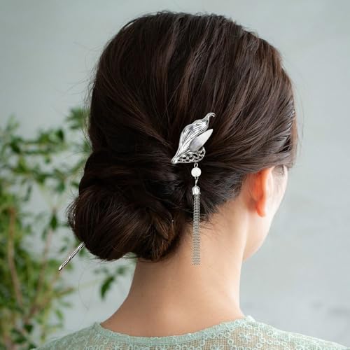 5PCS Star Moon Hair Sticks for Buns Long Hair Chinese Hanfu Asian Vintage Hair Chopsticks Metal Silver Hair Bun Updo Holders Long Hairpins for Women Girls