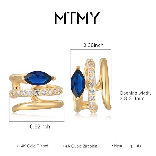 Gold Ear Cuff Earring for Women 14K Gold Plated Cubic Zirconia Non-Pierced Clip on Cartilage Chunky Ear Cuffs Hypoallergenic Jewelry - style: blue eye / pair