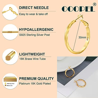 Sterling Silver Hoop Earrings - Diamond-Cut Circle Hoops, Hypoallergenic, 3mm Thin, Oversize 20/30/40/50/60mm - color: Gold,30mm