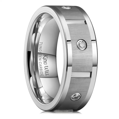 King Will Mens Tungsten Wedding Band with Cubic Zircon Inlay 7mm/8mm Flat Cut Comfort Fit Engagement Rings - color: B-Gunmetal&Silver Inlay-8mm
