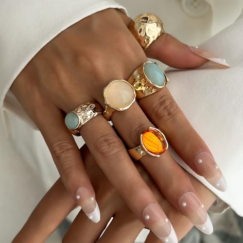 Chunky Rings for Women Stackable Vintage Adjustable Rings for Women Gold Statement Stone Ring Set Non Tarnish Vintage Jewelry - style: Gold 4