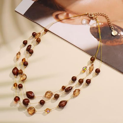 Coiris 3 Layers Illusion Wire Beaded Statement 19.5" Necklace for Women - color: N0005-Brown
