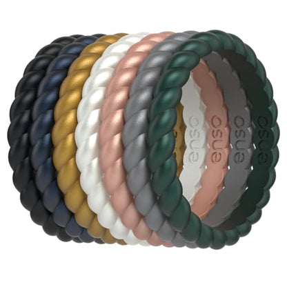 Enso Rings Stackable Braided Silicone Wedding Ring Bundles – Comfortable and Flexible Design - Multi-Packs - color: Metallic Black/Deep Navy/Gold/Pearl/Rose Gold/Silver/Green, size: 6