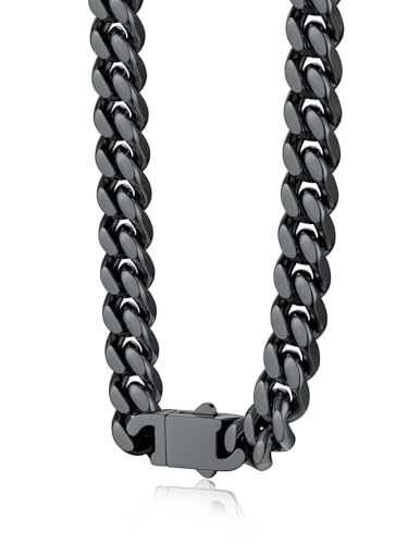 Bestyle Thick Stainless Steel Mens Cuban Link Chain, Black/Gold Chain for Men, No Tarnish & Durable Men Chain Necklace, 5/7/9/12mm Wide, 18"-30" Long, Gift Package - style: c. 9mm-Black