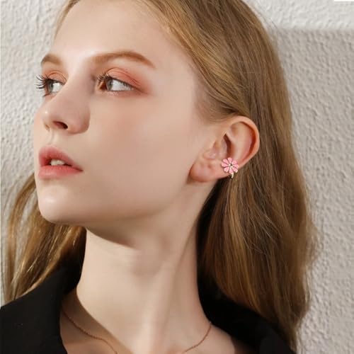 Cute Daisy Flower Ear Cuff Earring Cartilage Clip On Non Piercing Lovely Sweet 14K Gold Plated White/Pink Enamel Floral Fake Huggie Hoops Earrings for Women Hypoallergenic Fashion Trendy Jewelry Gifts 14*15mm - color: Pink